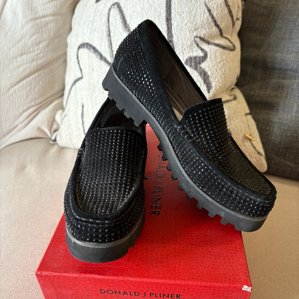 Donald Pliner Black Suede Lug Sole Loafers